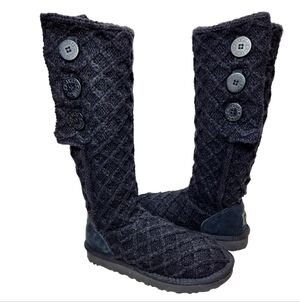 UGG Lattice Cardy Knit Sz 9 Tall Black Button Sweater Convertible 1016557